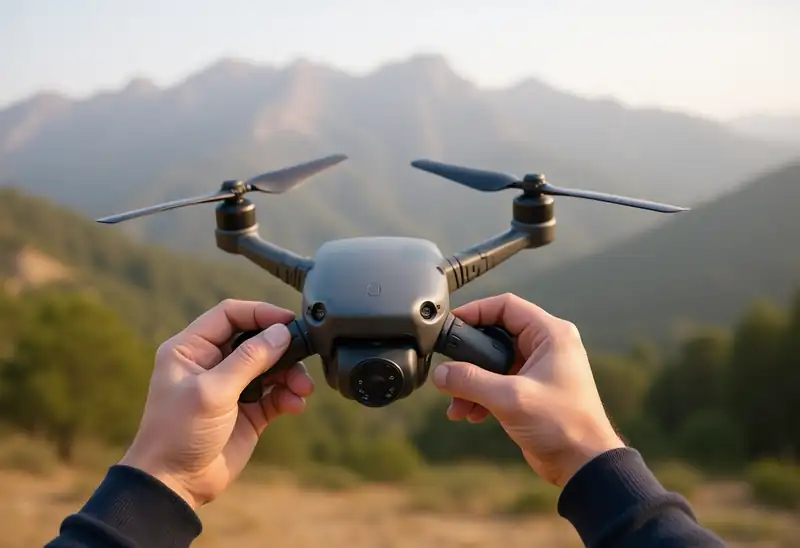 Pilot inspecting drone propellers before flight